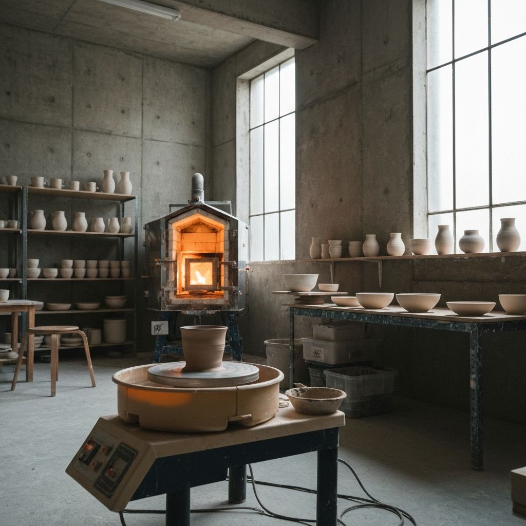 Cairo Mo's ceramics studio with potter's wheel and kiln